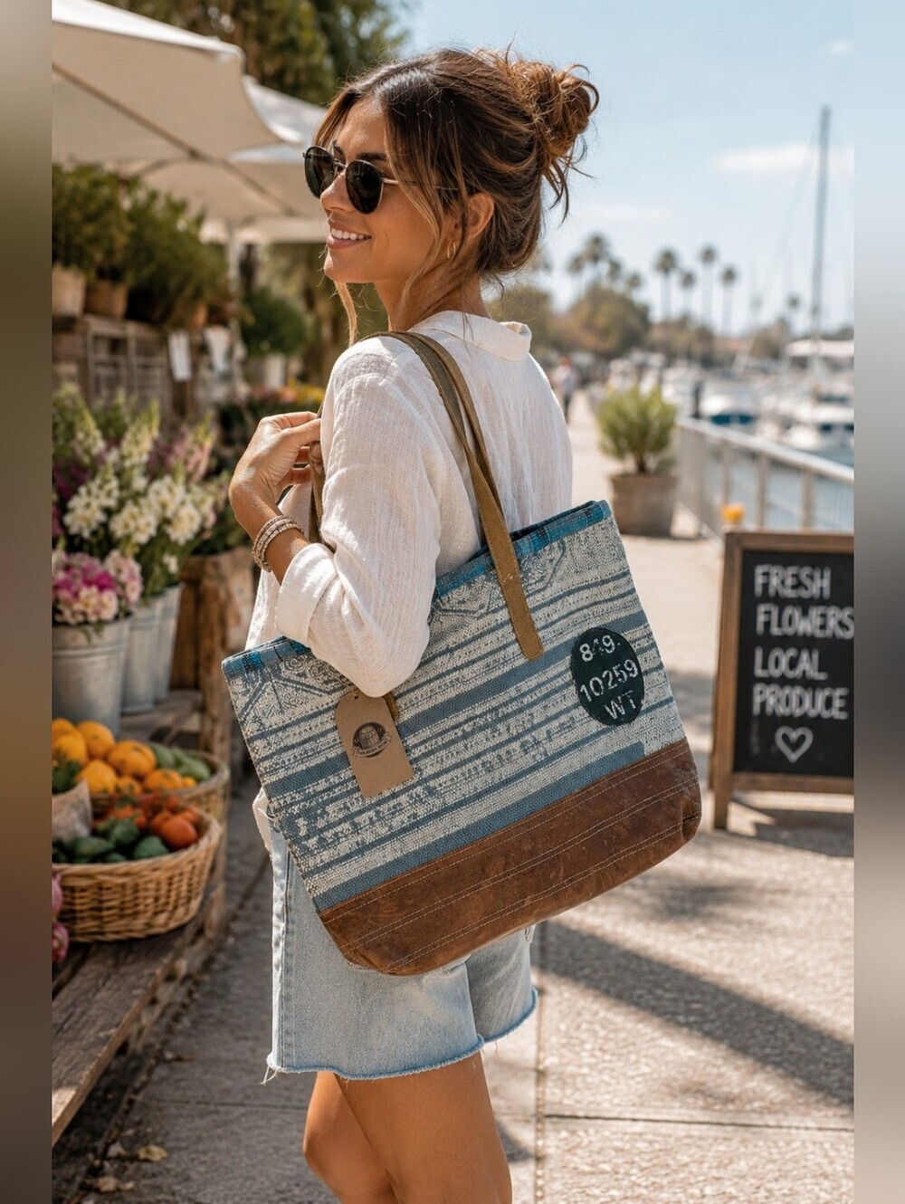 The Barrel Shack Handmade India Woven Tote Bag Leather Trim Boho Market Coastal